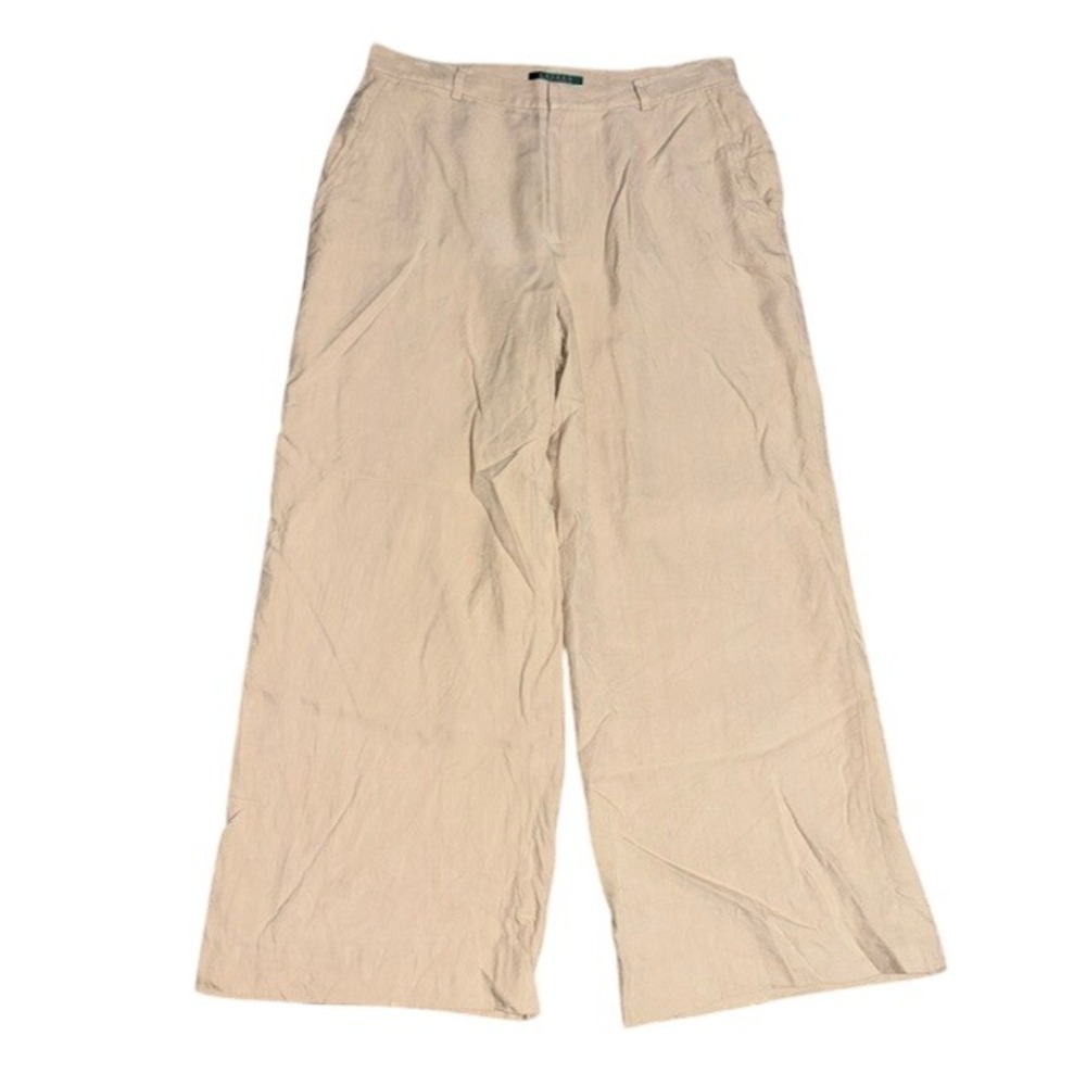 Lauren Ralph Lauren Silk Trouser Pants Khaki Pleated Wide Leg Tan 10 - Picture 2 of 7